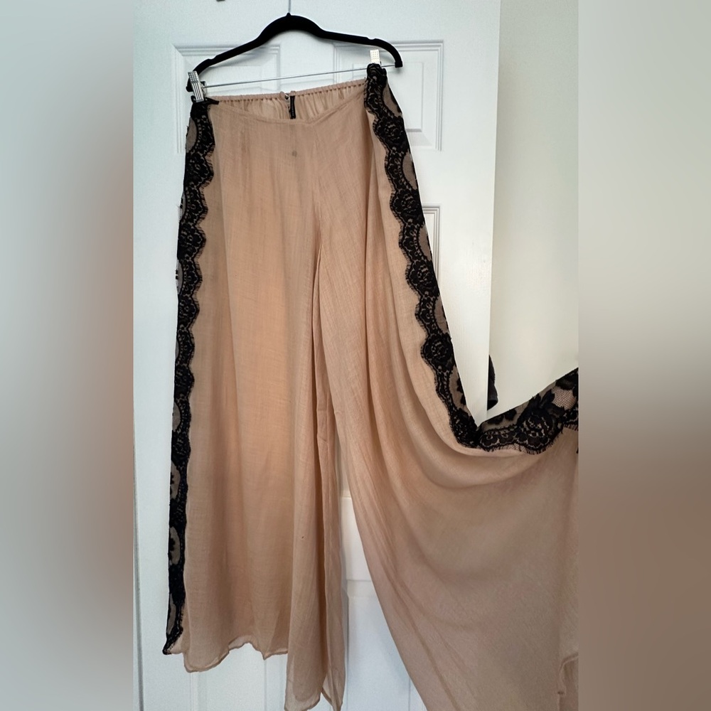 Rosamosario Wool and Chantilly Lace Palazzo Trouser Nude and Black Pant